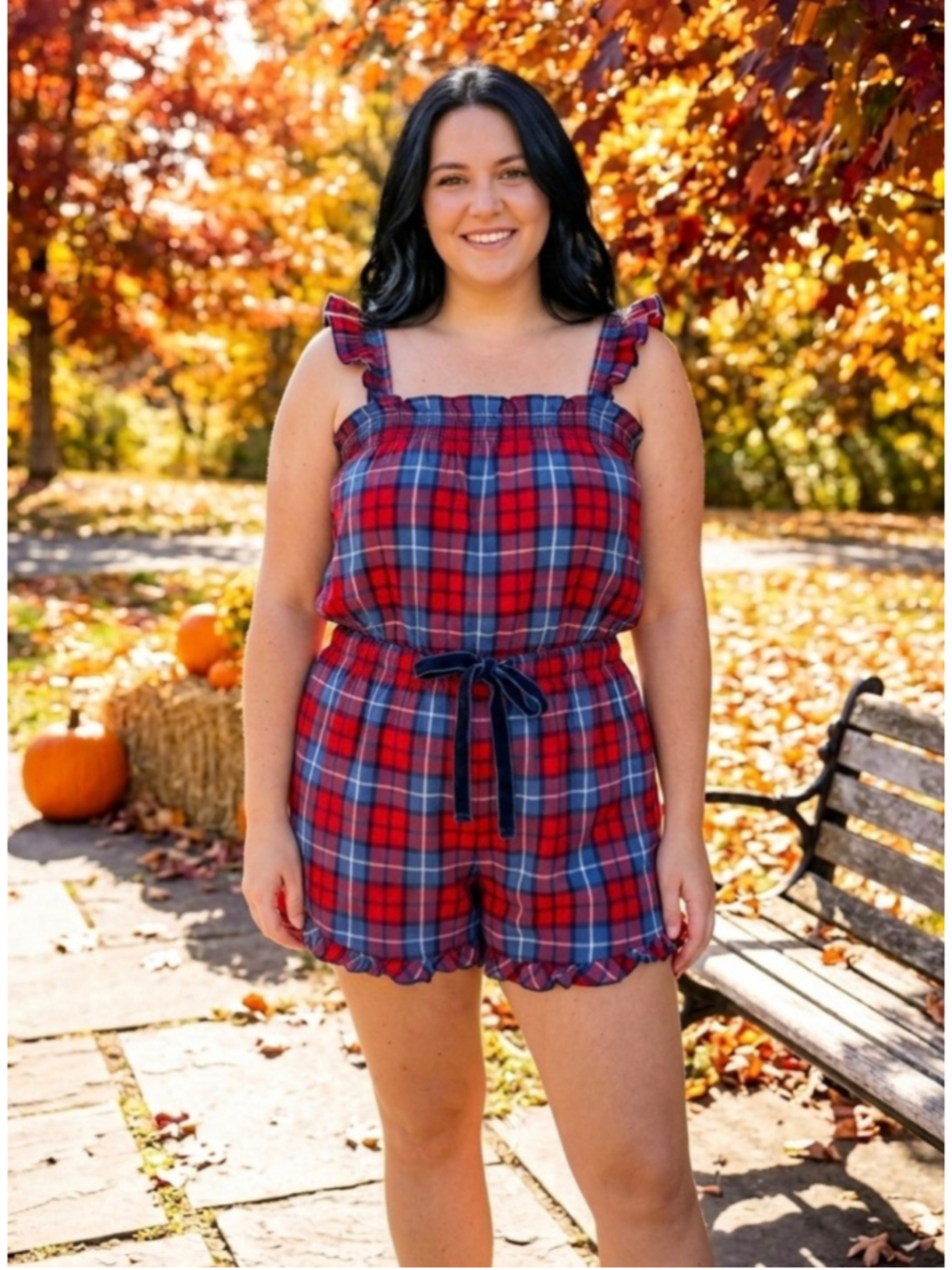 Women's Aerie Flannel Romper size Large Red Plaid Ruffle Boho Velvet Bow Fall